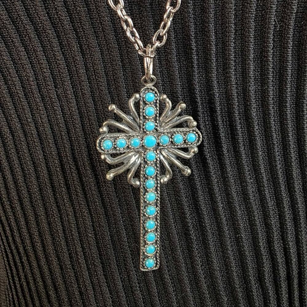 Faux Turquoise Cross Necklace Silver Ton Western Boho Pendant - Picture 1 of 6